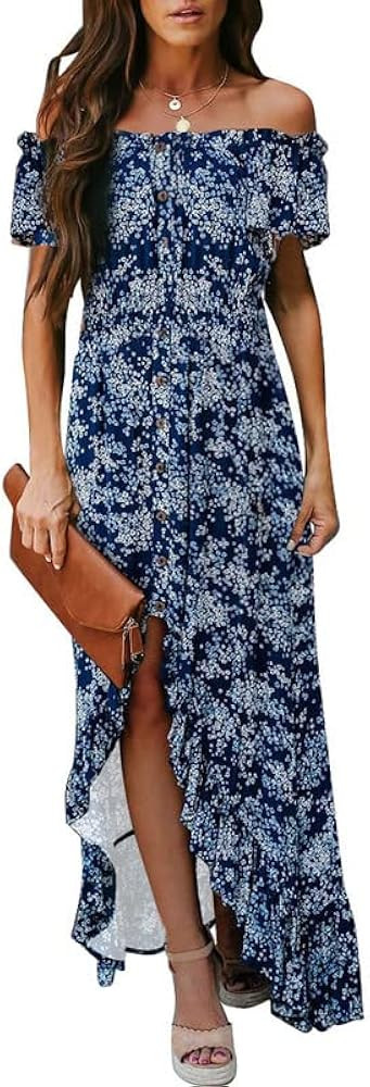 Dokotoo Womens 2023 Off The Shoulder Casual Short Sleeve Maxi Dress High Low Solid Cocktail Skate... | Amazon (US)