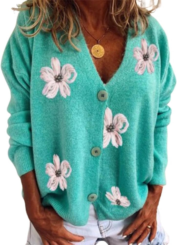 ZOCAVIA Suéteres de punto floral para mujer, cárdigan de otoño e invierno, con botones y frent... | Amazon (US)