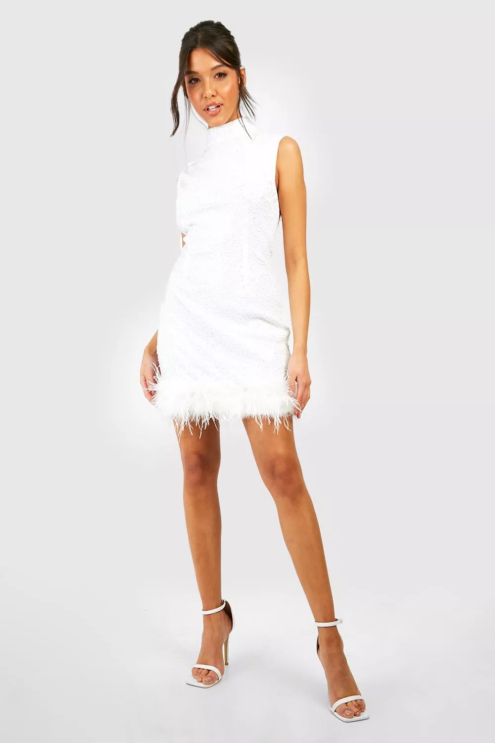 Sequin High Neck Feather Detail Party Dress | Boohoo.com (UK & IE)