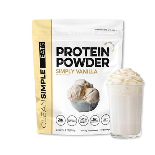 Clean Simple Eats Whey Protein Powder, Simply Vanilla Flavor Naturally Sweetened, 100% Grass Fed Protein Powder with Digestive Enzymes & No Artificial Ingredients, Gluten Free, 30 Servings | Amazon (US)