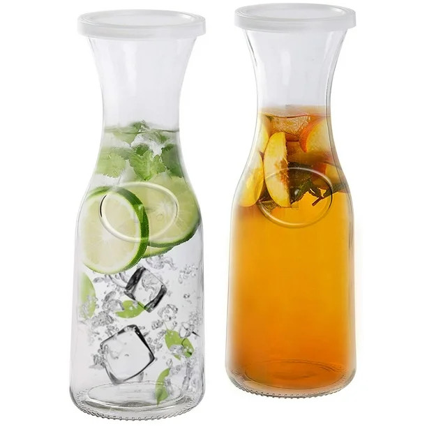 Estilo Glass Beverage Pitcher Carafe With Plastic Lids, Narrow Neck Design, 1 liter (33oz) Set of... | Walmart (US)