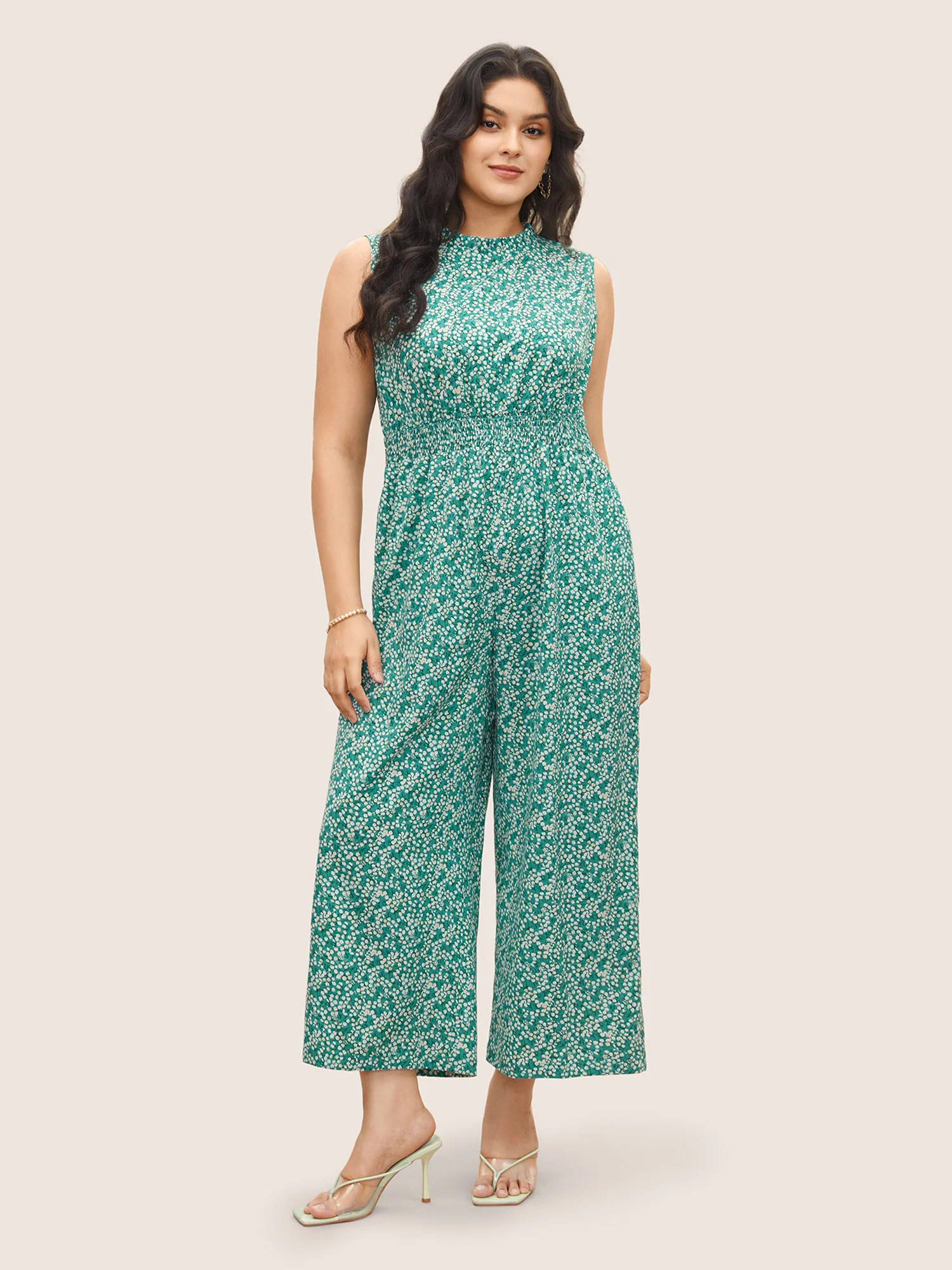Ditsy Floral Mock Neck Shirred Jumpsuit | Bloomchic