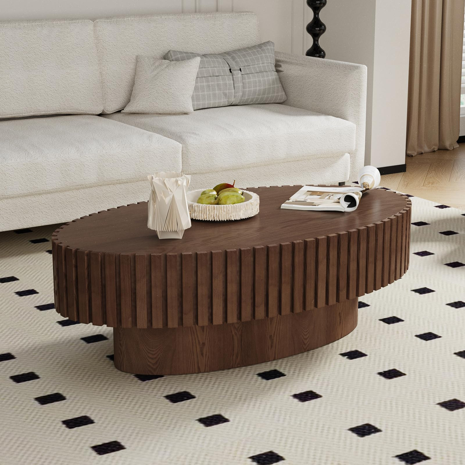 Oval Fluted Coffee Table Mid Century Modern Coffee Tables with Handcrafted Relief Ellipse Drum En... | Amazon (US)