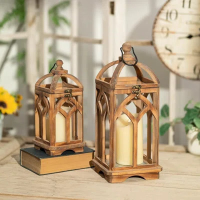 Set Of 2 Brown Wooden Candle Holder Lanterns For Table Centerpiece Fireplace Mantle Home Decor | Wayfair North America