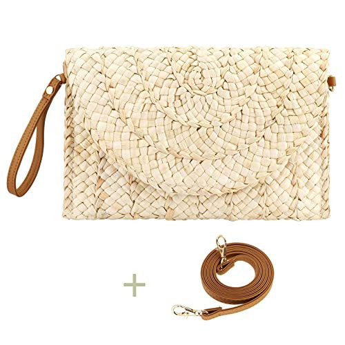 Straw Clutches Beach Bag for Women Summer Crossbody Straw Bag with Bag Strap (Beige) | Amazon (US)