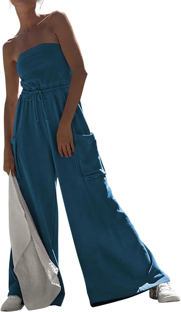 Feager Women's Oversized Strapless Off Shoulder Tube Top Jumpsuits Casual Wide Leg Long Pants Jum... | Amazon (US)
