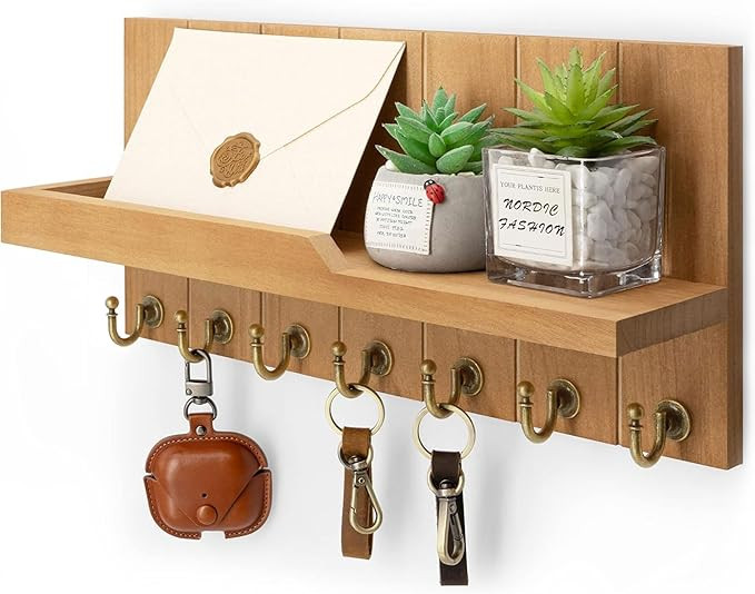 Rebee Vision Decorative Key Holder for Wall Shelf - Farmhouse Wood Wall Hanging Mail Organizer wi... | Amazon (US)