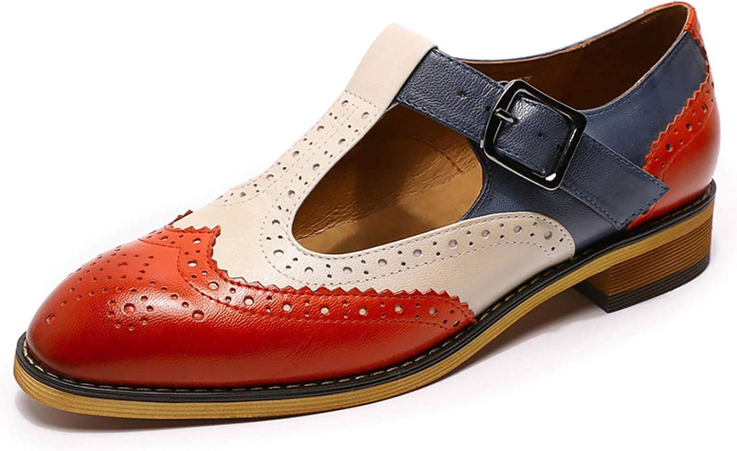 Mona flying Women's Classic Wingtip Oxfords Mary Jane T Strap Flat Leather Shoes for Ladies | Amazon (US)