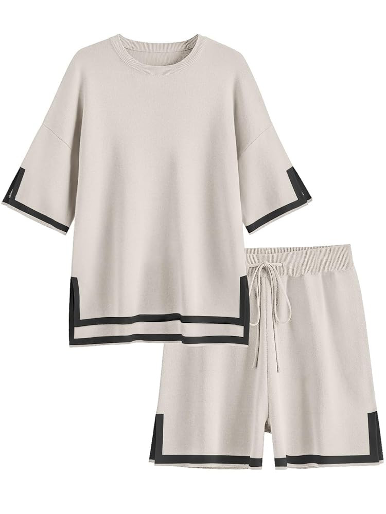 Ekouaer Womens Knit Lounge Set 2 Piece Sweater Sets Short Sleeve Sweatsuit Pullover Tops | Amazon (US)