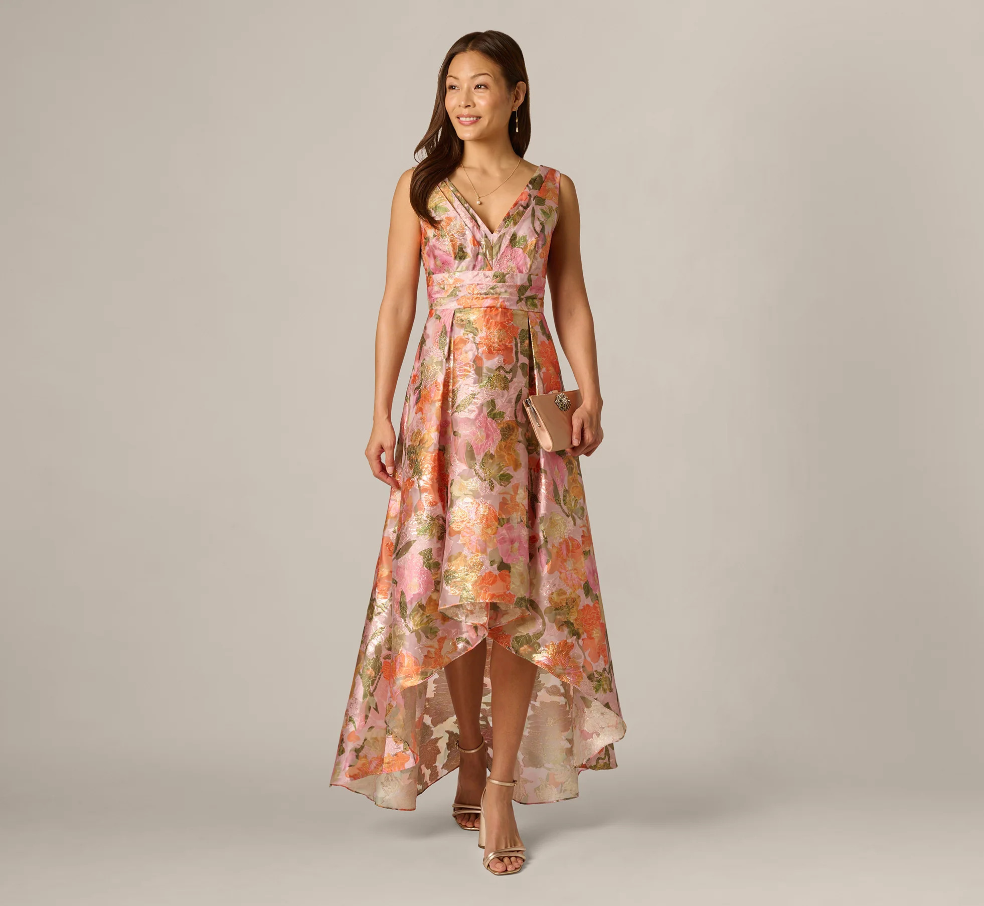 Metallic Floral Jacquard High Low Gown In Yellow Orange Multi | Adrianna Papell