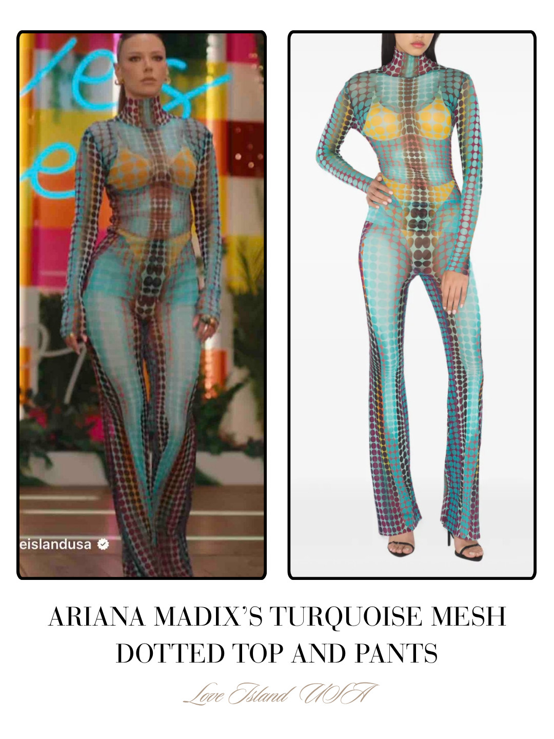Ariana Madix's Turquoise Mesh Polka Dot Turtleneck and Pants Outfit on Love Island USA Season 8 Episode 5 

 
