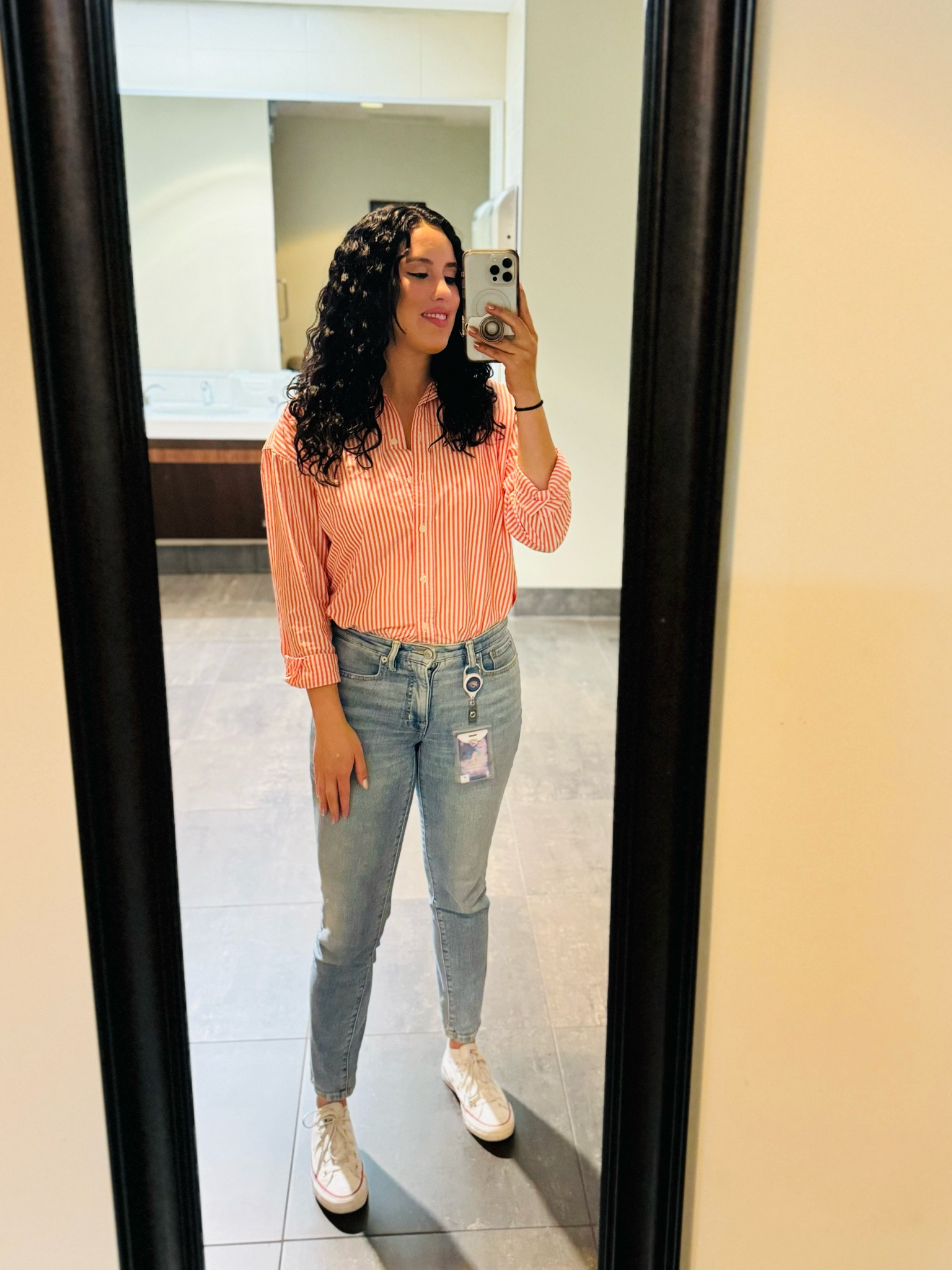 OOTD. We get to enjoy wearing jeans to work during the off season. Paired my RL jeans with this colorful top today. Curly hair routine video is coming soon so stay tuned!

#LTKStyleTip #LTKFindsUnder50 #LTKShoeCrush