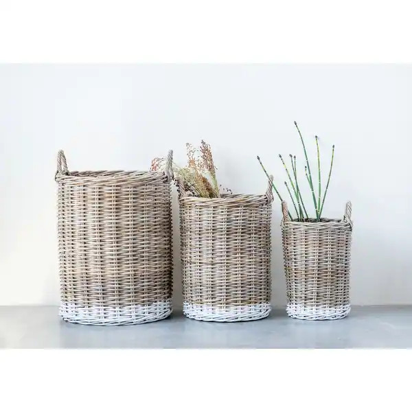 Beige Rattan Baskets with White Dipped Base & Handles (Set of 3 Sizes) | Bed Bath & Beyond