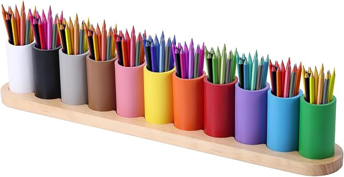Wooden Colored Pencil Holder, Montessori Crayon Organizer 11 Movable Compartments Pen Cups Holder... | Amazon (US)