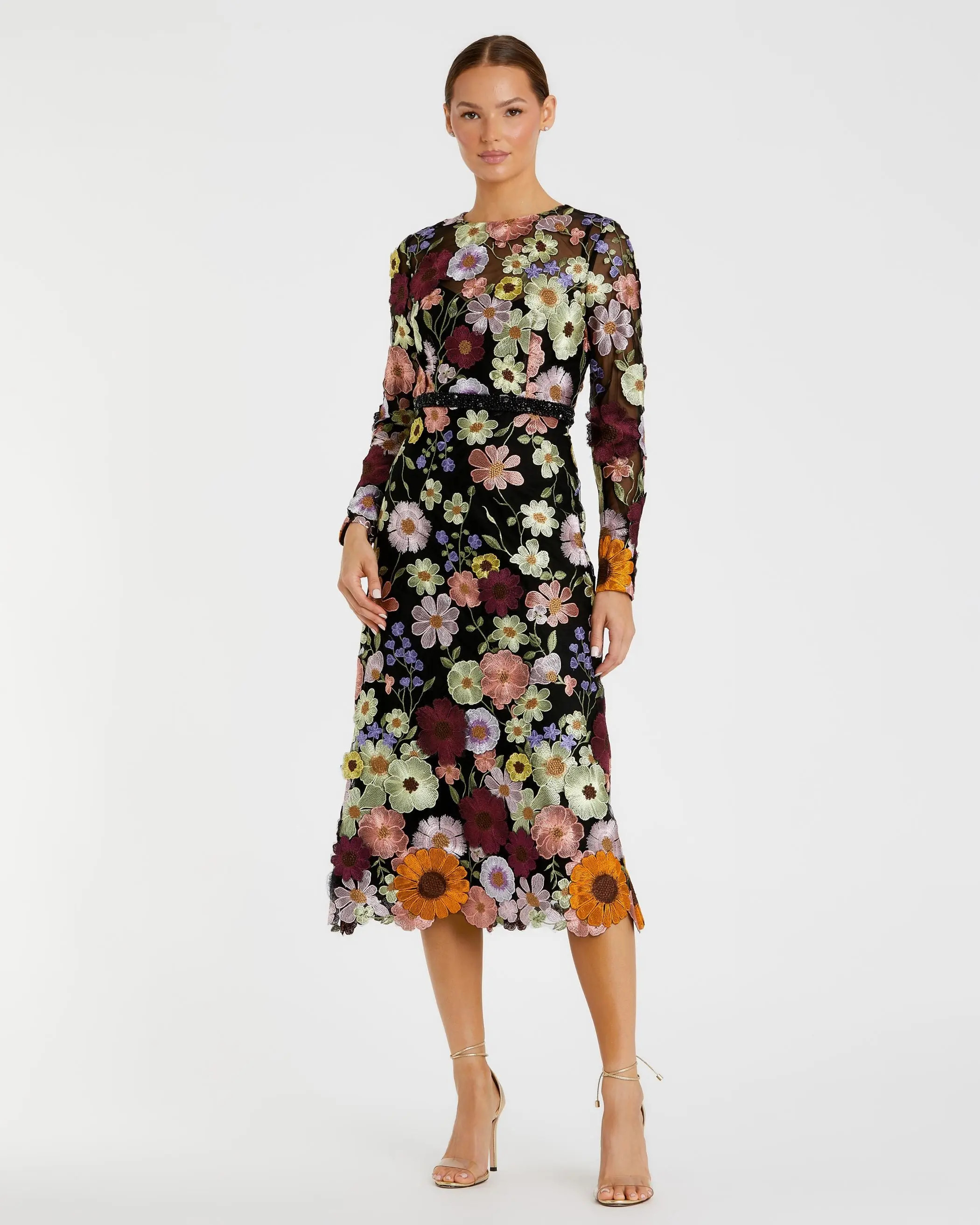 Multicolor Floral Embroidered A-Line Midi Dress | Mac Duggal | Mac Duggal