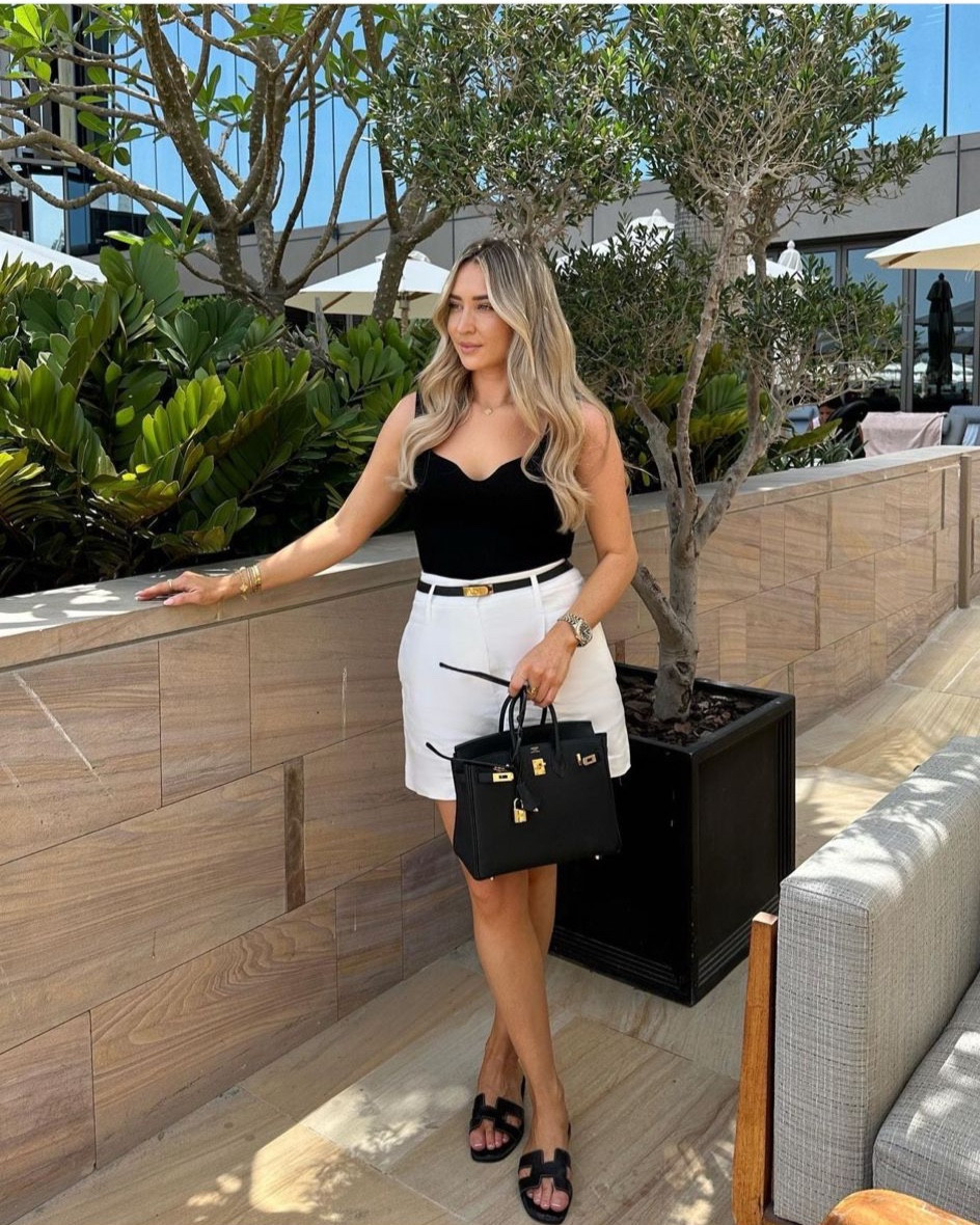 Black & white summer outfit - Reiss white linen shorts, black sweetheart neckline top, Hermes belt, bag & sandals (alternatives linked)

#LTKSeasonal #LTKstyletip #LTKshoecrush