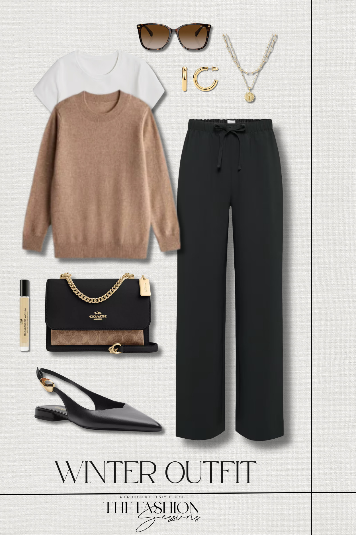 Winter outfit inspo featuring the wildly popular Aritzia Lodge Pant!
Aritzia wildred the lodge pant - crepette | mongolian cashmere crewneck sweater | slim fit short sleeve ribbed t-shirt | arezzo women's farrah slingback flats | coach klare crossbody bag in signature canvas | ralph lauren sunglassses | gold hoop earrings | initial pendant necklace | nest madagascar vanilla perfume | winter outfit | casual outfit | elevated casual 

 #LTKootd #LTKSeasonal #LTKOver40