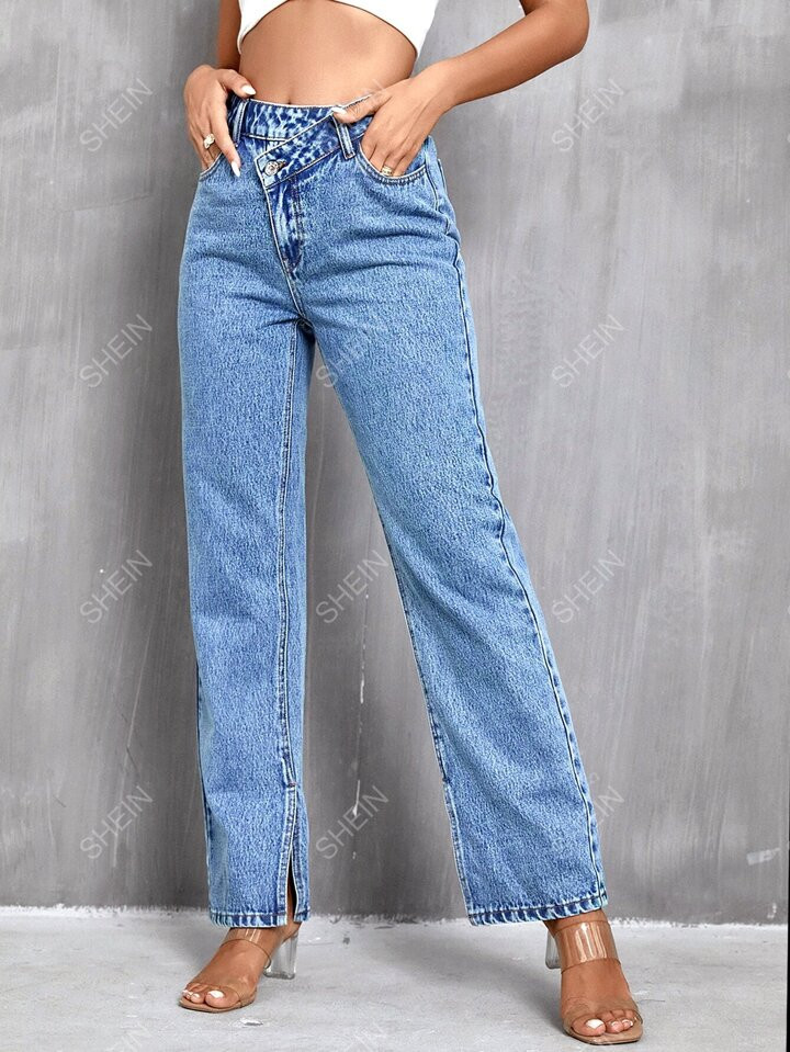 SHEIN Frenchy Stepped Waist Straight Leg Jeans | SHEIN