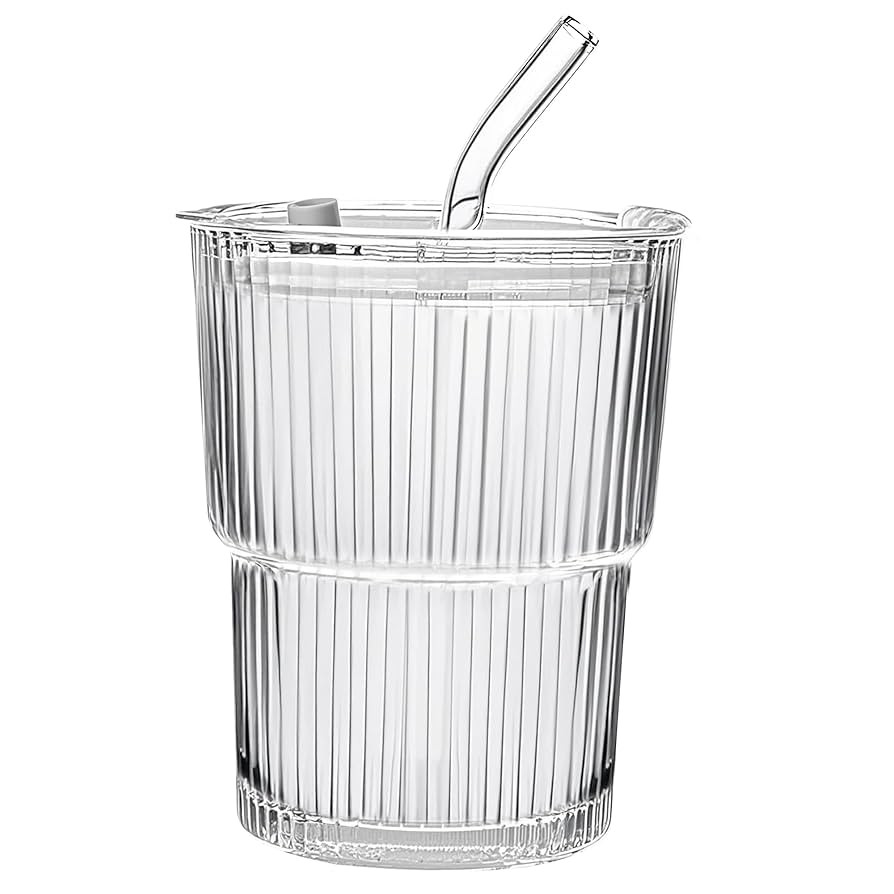 13oz/400ML Glass Tumbler with Straw and Lid Ribbed Vertical Ice Coffee Cups Sealed Carry on for C... | Amazon (US)