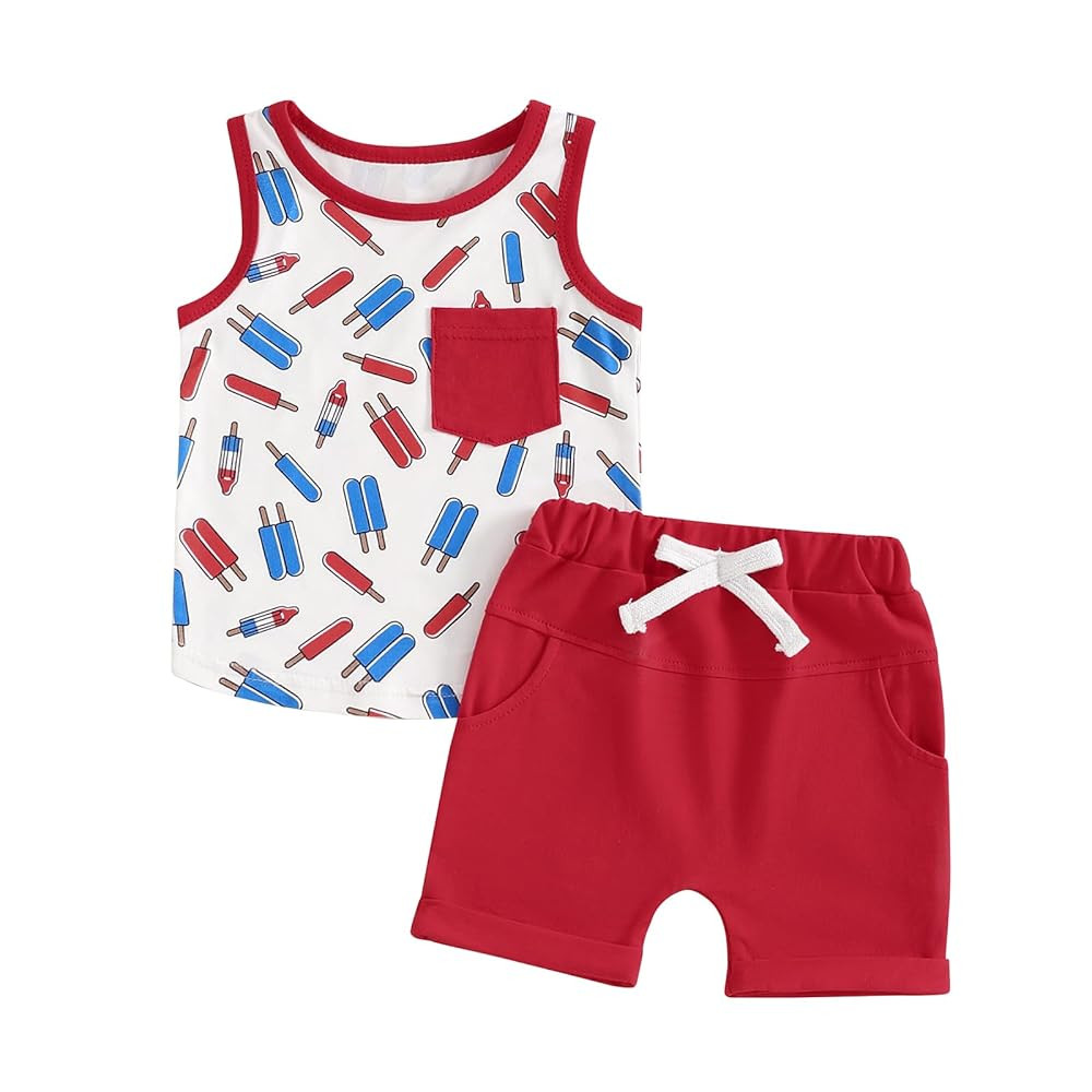 4th of July Baby Boy Outfit Stripes & Stars Print Vest Top and Drawstring Shorts 2 Piece July Fou... | Amazon (US)