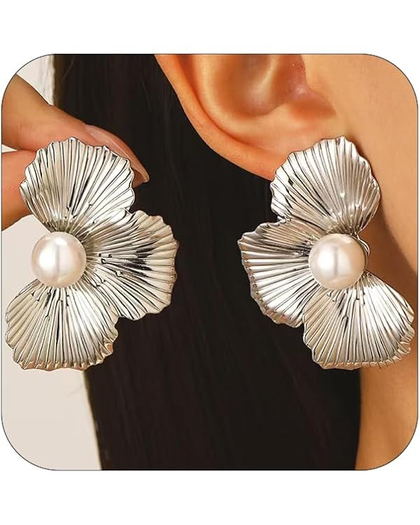 Gold Statement Big Textured Flower Pearl Earrings, Bohemian Chunky Large Petal Floral Pearls Meta... | Amazon (US)