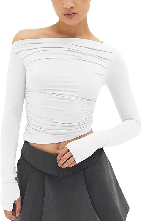 MISS MOLY Women's Sexy Off Shoulder Asymmetrical Tops Ruched Long Sleeve Boat Neck Cropped Y2K Te... | Amazon (US)