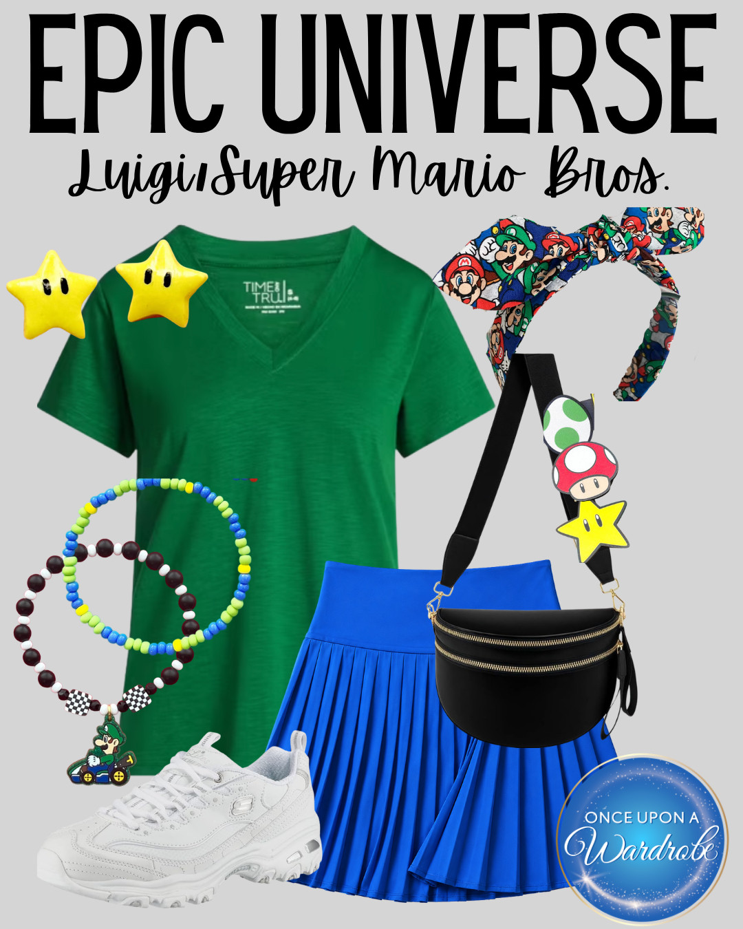 A Luigi-inspired outfit idea for Epic Universe and Super Nintendo World at Universal Orlando. This cute theme park outfit includes a green tee, blue pleated skirt, white sneakers, black crossbody bag, Mario-inspired headband, star earrings, and playful Super Mario accessories. Perfect for Epic Universe outfit ideas, Super Nintendo World outfits, Universal Orlando outfits, Luigi Disneybound-style outfits, and comfortable theme park outfit inspiration for women. 

 #LTKootd #LTKmomlife #LTKTravel