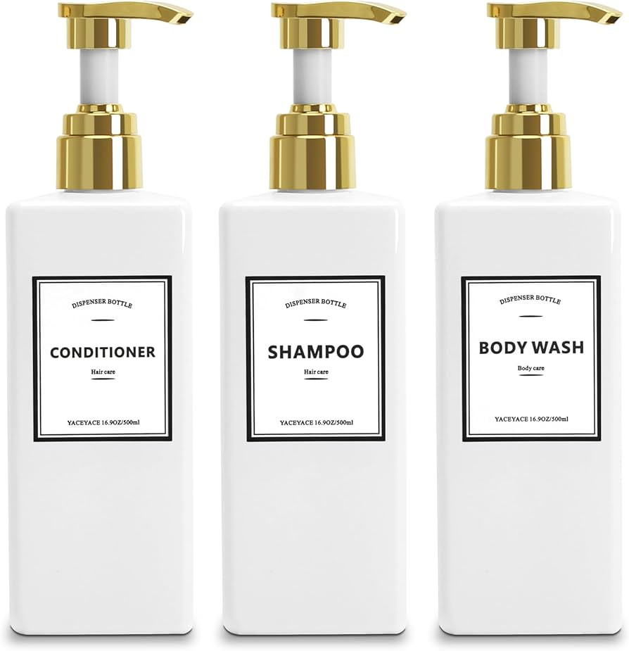 White Shampoo Bottles with Gold Pump, YACEYACE 16.9oz Set of 3 Empty Black Shower Bottles, Elegan... | Amazon (US)