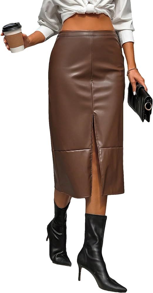 WDIRARA Women's High Waist Split Thigh Pu Leather Elegant Stretch Midi Skirt | Amazon (US)