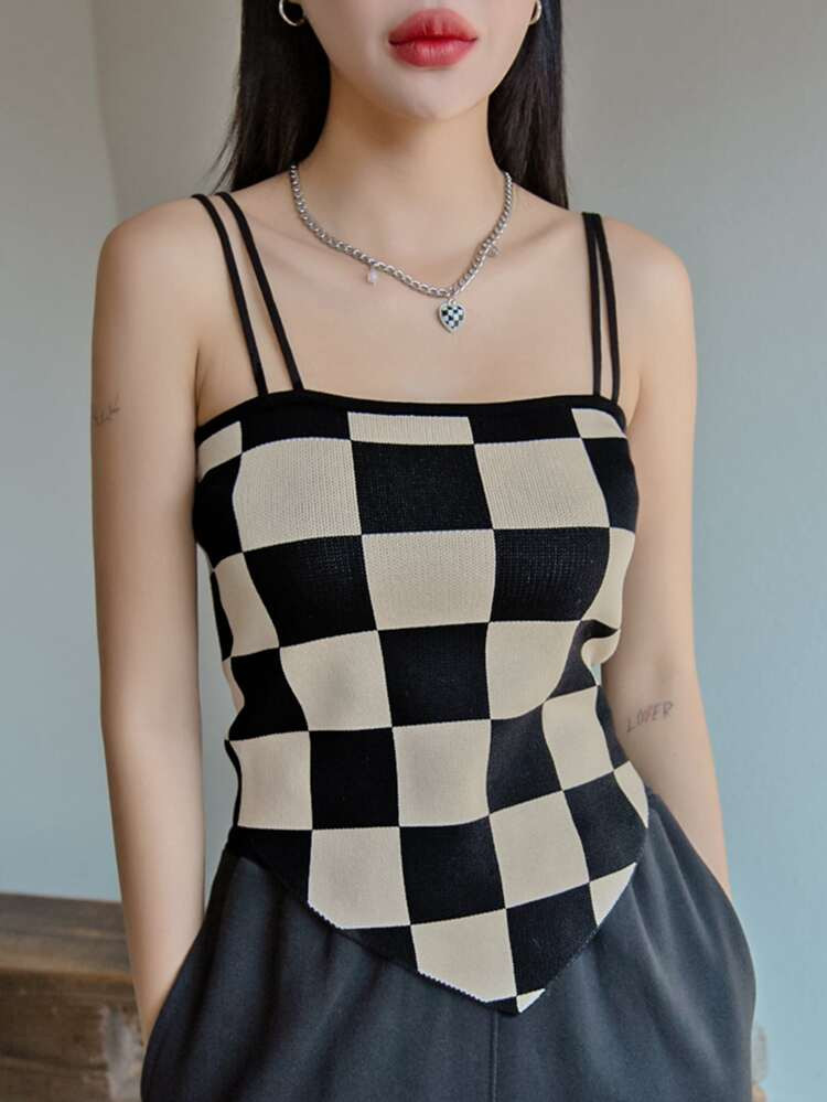 DAZY Checker Pattern Bandana Hem Cami Knit Top | SHEIN