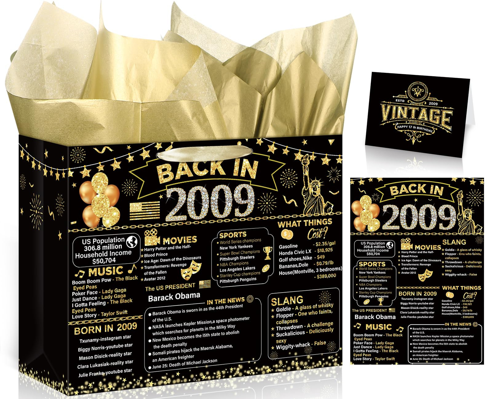 Yoirrat Black Gold 17th Birthday Gifts Bag Vintage 2009 Gift Bags with Greeting Cards 17th Birthd... | Amazon (US)