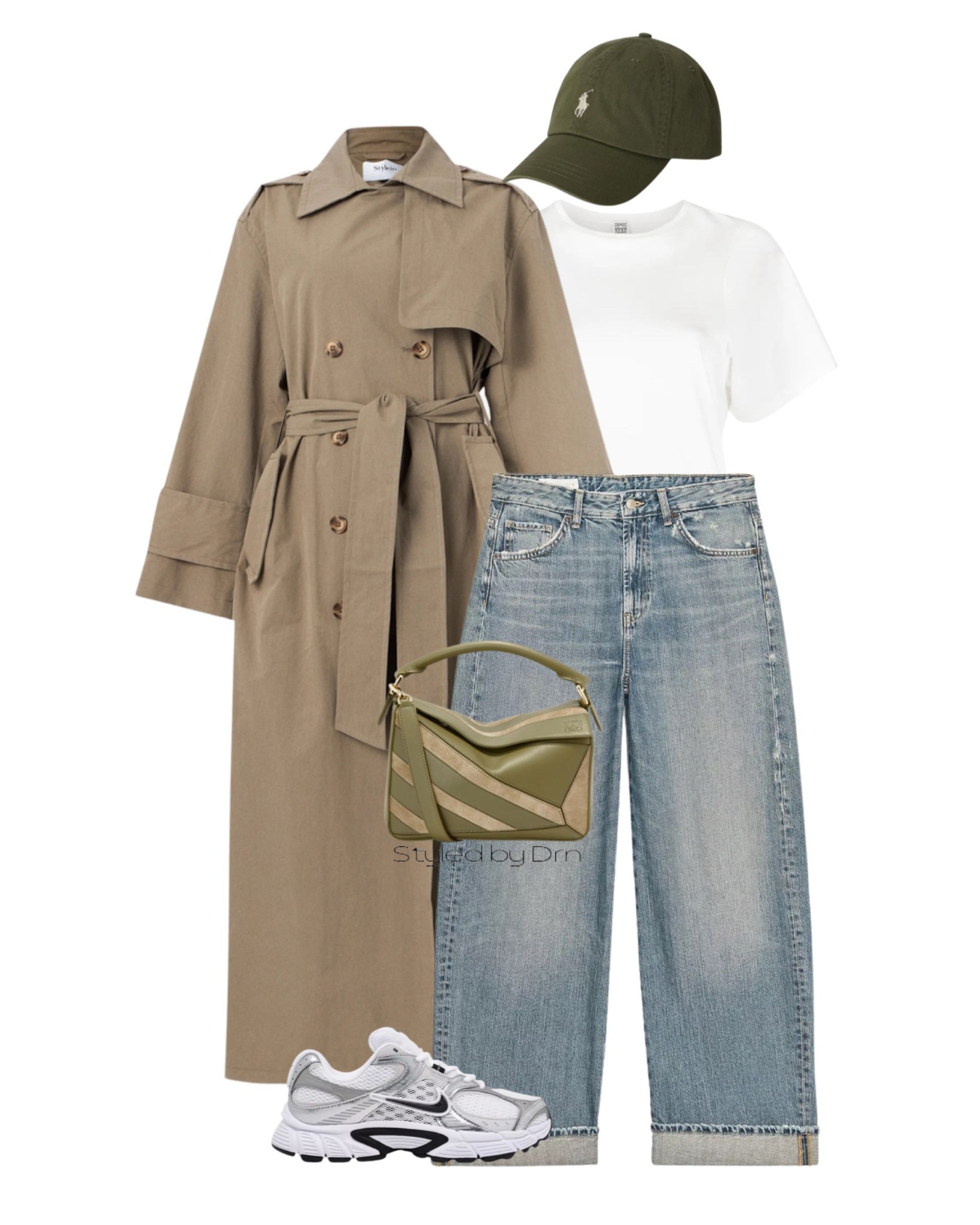 Casquette couleur :
Olive jardin/Crème

Jeans : Zara 8727/235/400

Shirt : Toteme

Bag : Loewe

Trench : Styleing