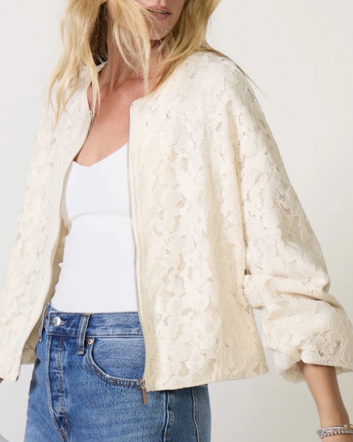 Lace bomber jacket 
Jacket
White jacket 
Jeans

#LTKSeasonal #LTKdayinmylife