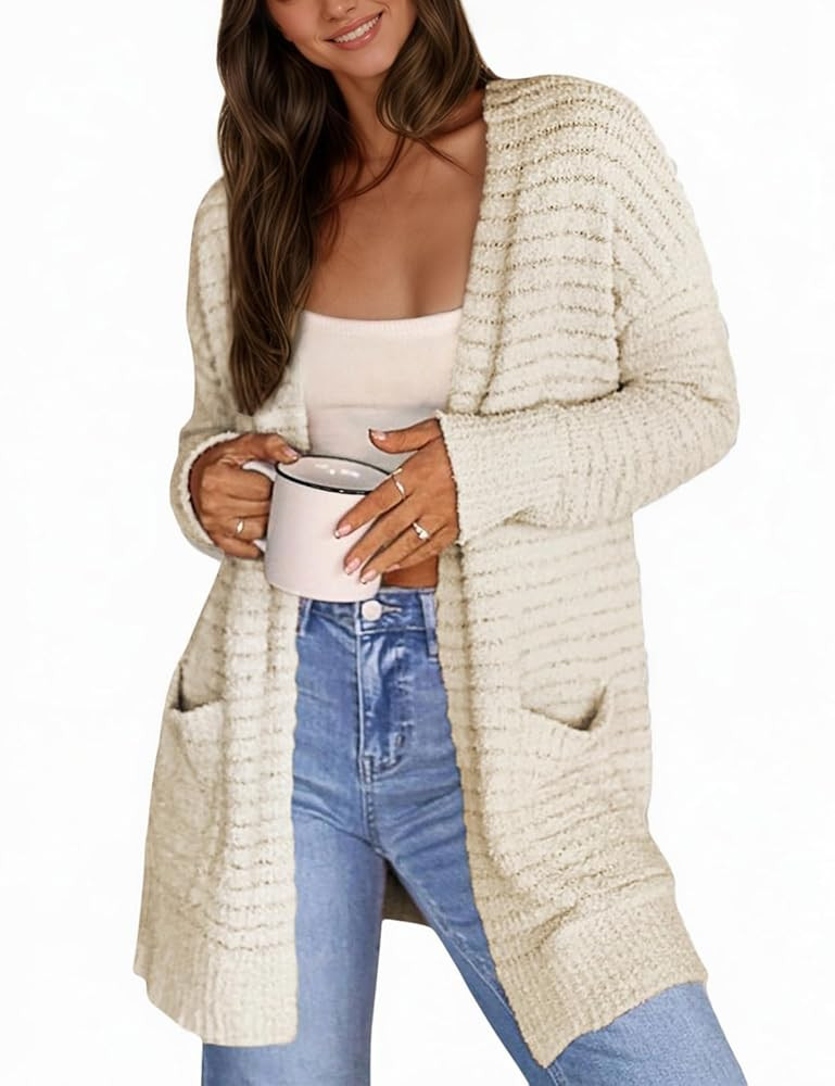 CiCiBird Women Long Cardigan Fuzzy Cardigan Sweater Open Front Knit Outwear Coat with Pocket | Amazon (US)