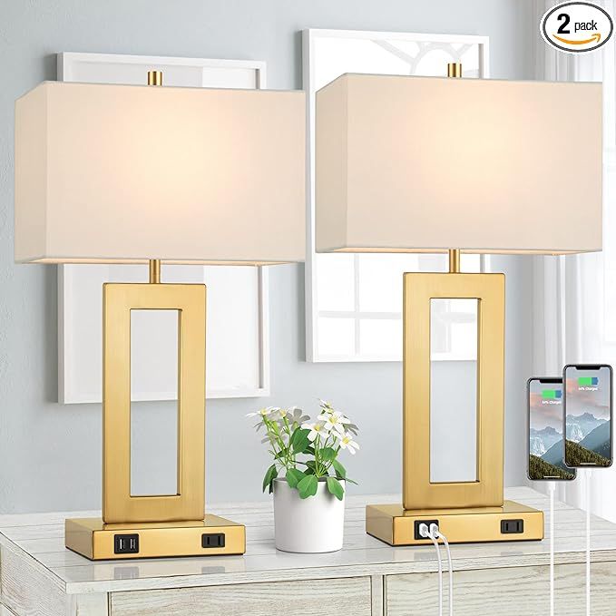 TOBUSA Table Lamps for Bedrooms Set of 2, Gold Bedside USB Desk Lamp with AC Outlet, Touch Contro... | Amazon (US)