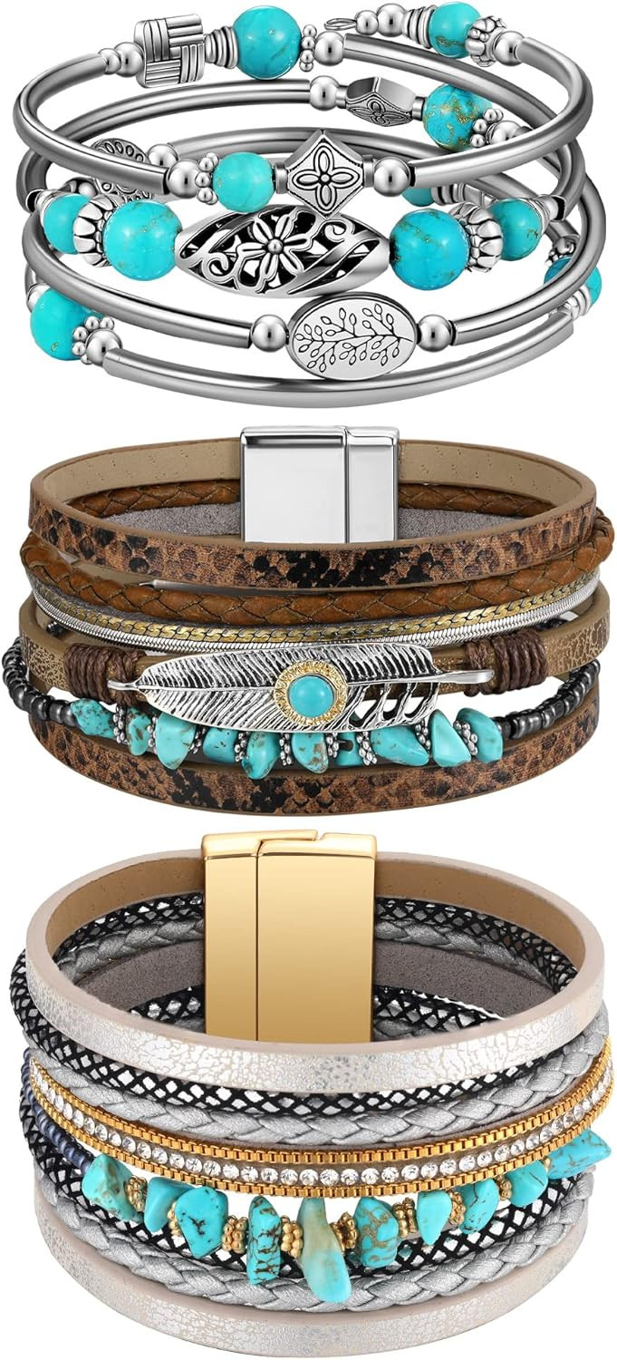 Inbagi 3 Pcs Bohemian Bracelet for Women Girls Faux Leather Cuff Bracelet Multi Layer Western Jew... | Amazon (US)