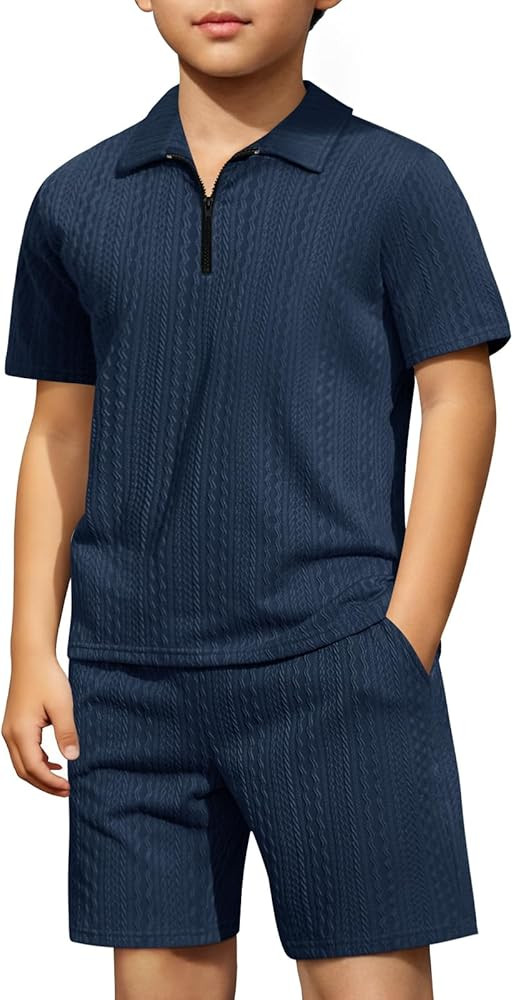Haloumoning Boys 2 Piece Summer Outfits Kids Quarter Zip Polo Shirt and Shorts Set Athletic Track... | Amazon (US)