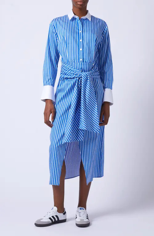 French Connection Alexis Stripe Belted Long Sleeve Tie Waist Cotton Shirtdress in White/Blue at Nordstrom, Size 0 | Nordstrom
