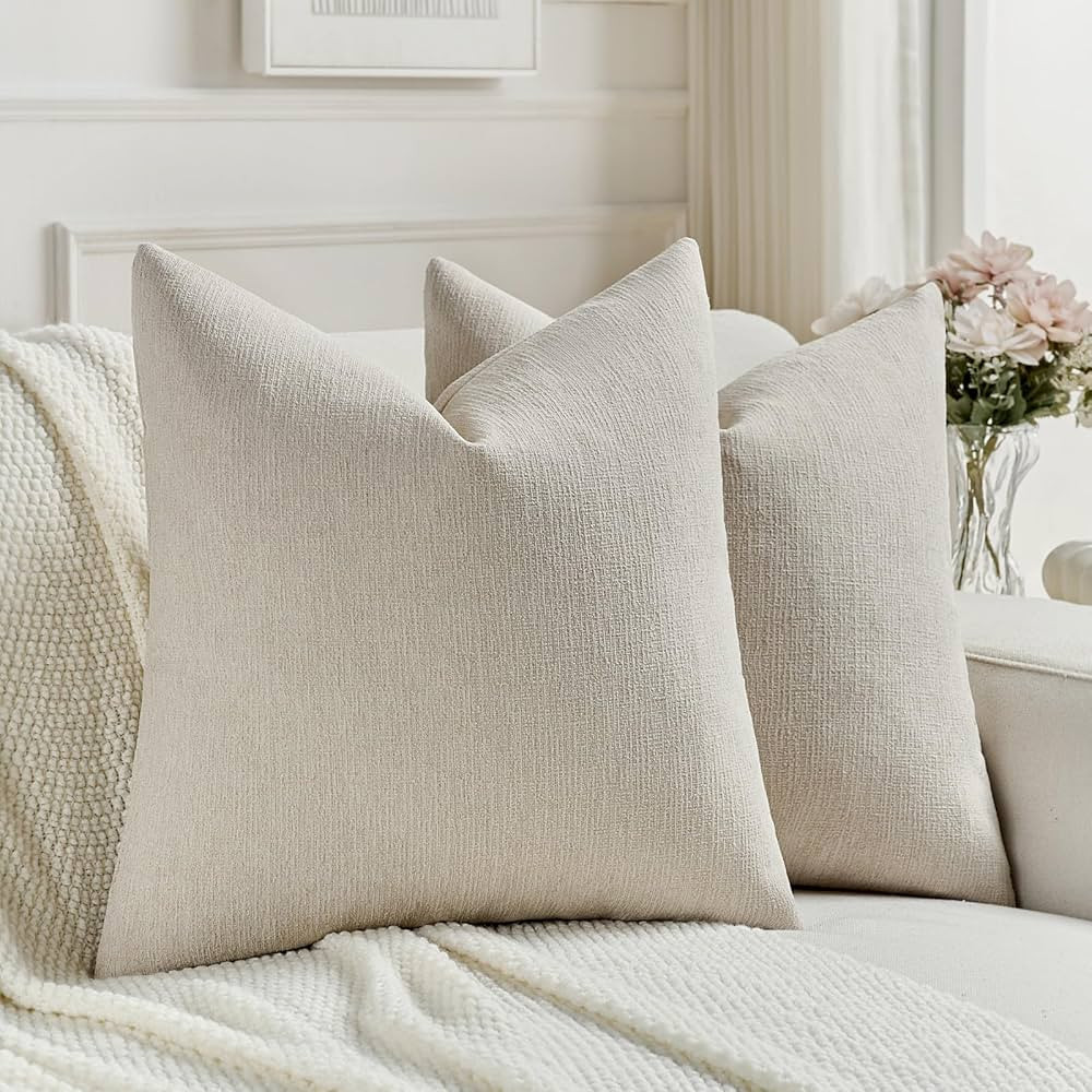FUTEI Beige Chenille Decorative Throw Pillow Covers 18x18 Inch Set of 2,Soft Cozy Faux Linen Text... | Amazon (US)