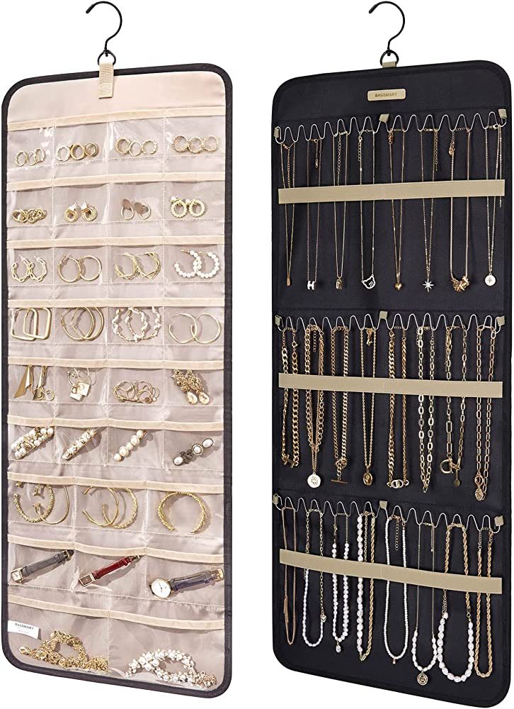 BAGSMART Hanging Jewelry Organizer Storage Roll with Hanger Metal Hooks Double-Sided Jewelry Hold... | Amazon (US)
