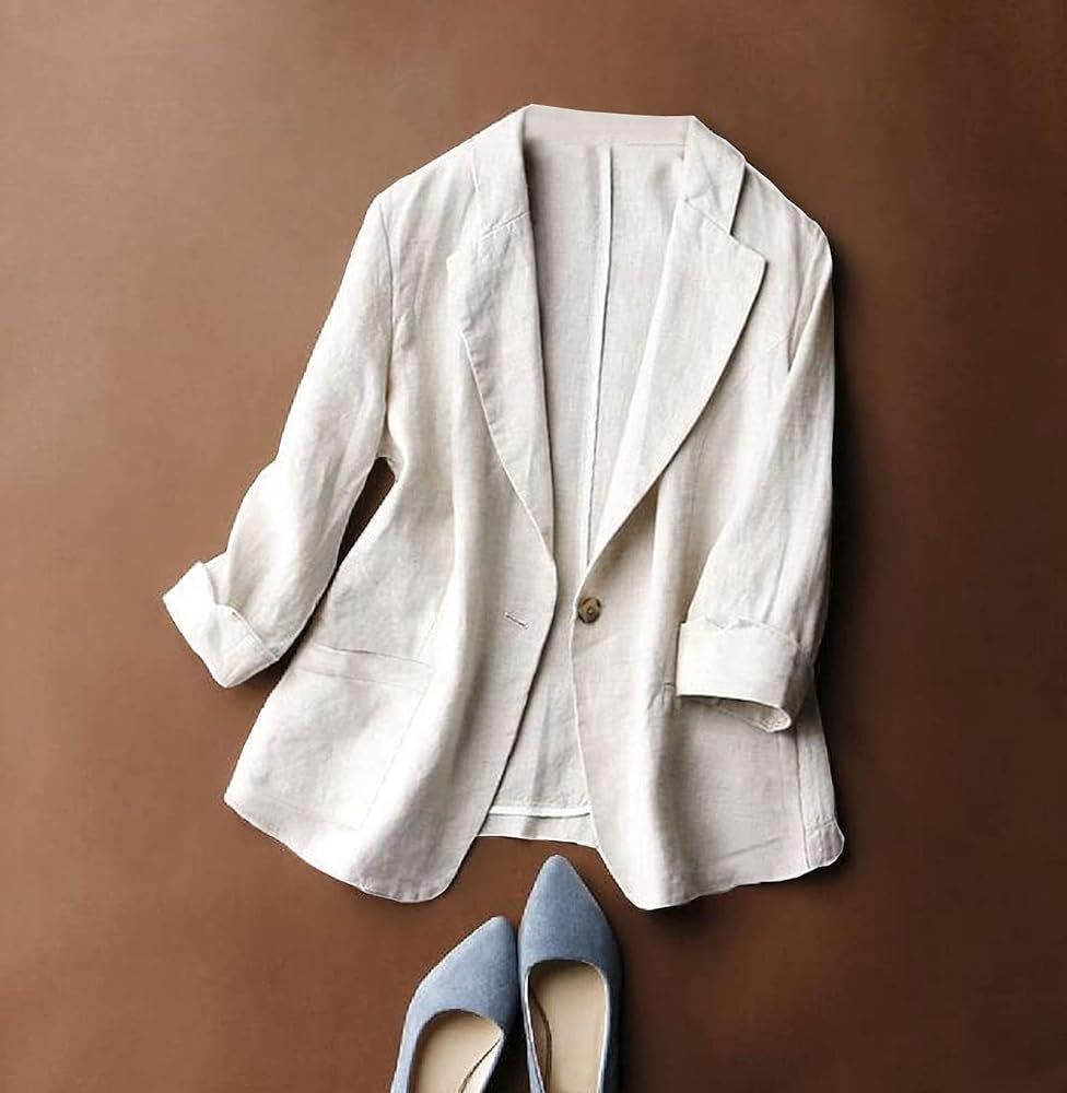 Jofemuho Womens Casual Solid Cotton Linen 3/4 Sleeve Short OL Work Blazer Jacket Coat | Amazon (US)