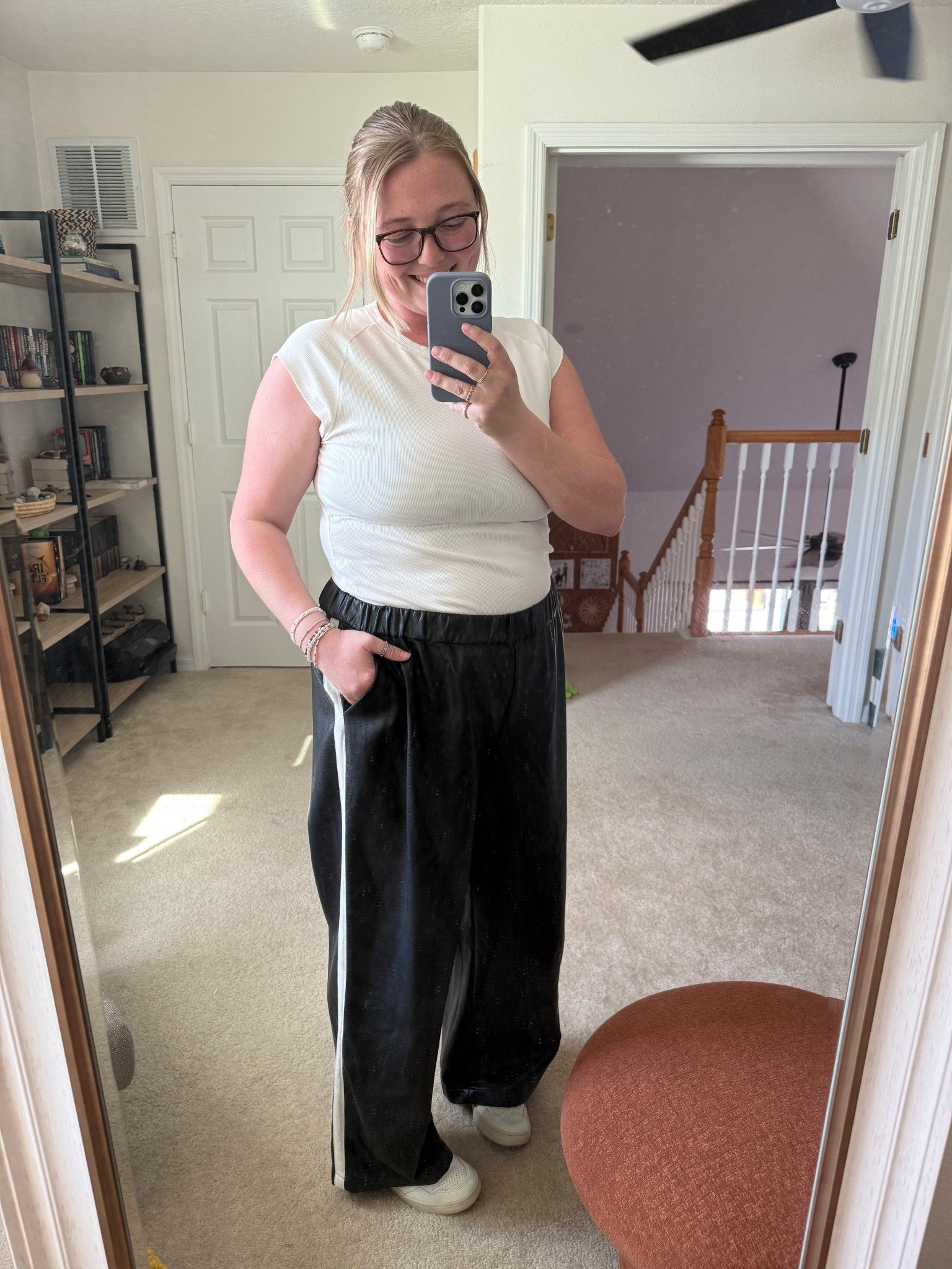 Casual ootd for working from home! 

Vegan-Leather Pull-On Track Pants
Maeve (xxl)
Amazon basic tee (xl)
Veja 90 sneakers (8)