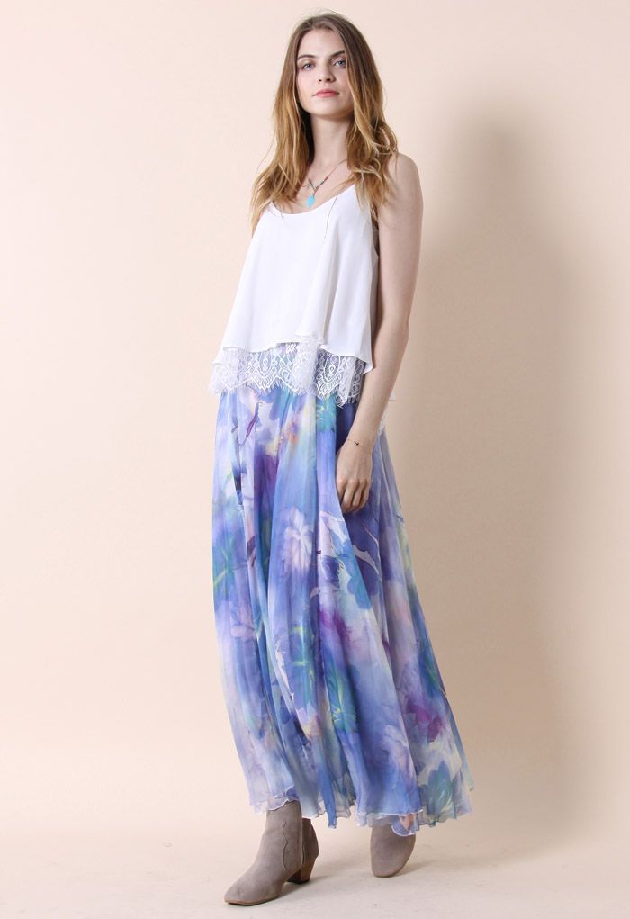 Dancing Watercolor Floral Maxi Skirt in Violet | Chicwish