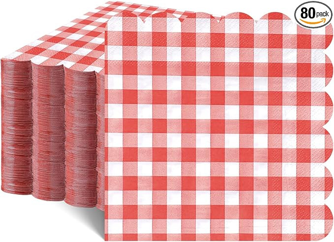 80 Pcs Red Gingham Paper Napkins 6.5 In Red and White Paper Napkins Disposable Scalloped Napkin f... | Amazon (US)