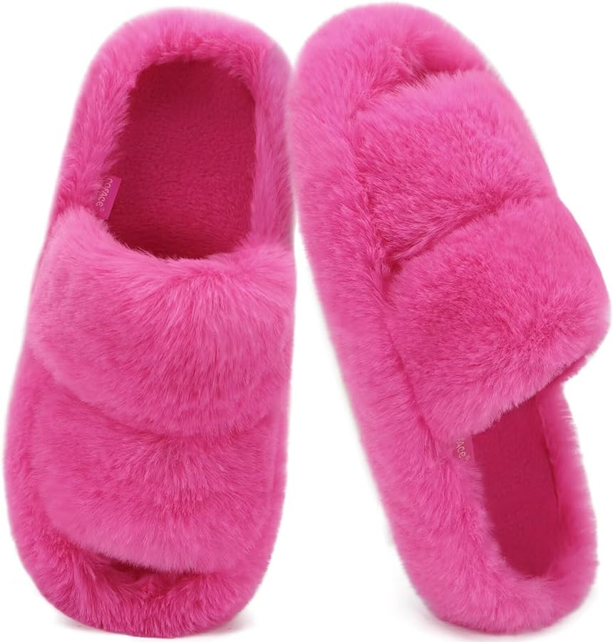 COFACE Women's Fuzzy Slippers Memory Foam Open Toe Slip On House Shoes Size 5-11 | Amazon (US)