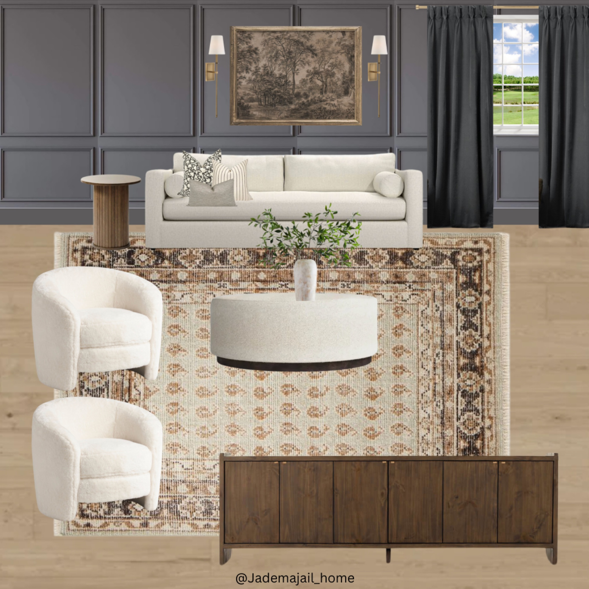 Moody living room inspiration ✨

Modern accent chair, dark oak tv stand, traditional rug, coffee table, side table, white couch, curtains, wall art, media center, media console, ottoman,
vintage wall art, gold sconce, mood board, modern moody home, transitional style

#LTKfamily #LTKhome #LTKsalealert