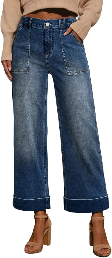 EVALESS Womens High Waist Wide Leg Jeans Cropped Denim Pants with Pockets | Stretchy High Waist J... | Amazon (US)
