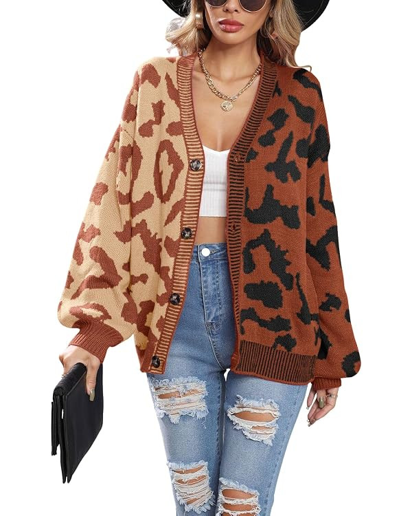 chouyatou Women's Color Block Leopard Print Button Down Long Sleeve Cardigan Sweaters | Amazon (US)