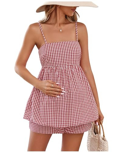 SweatyRocks Women's Maternity 2 Piece Outfits Plaid Peplum Bubble Cami Top and Shorts Sets Red an... | Amazon (US)