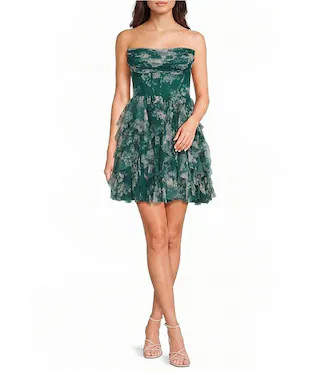 Mesh Floral Printed Strapless Corseted Ruffle Dress | Dillard's